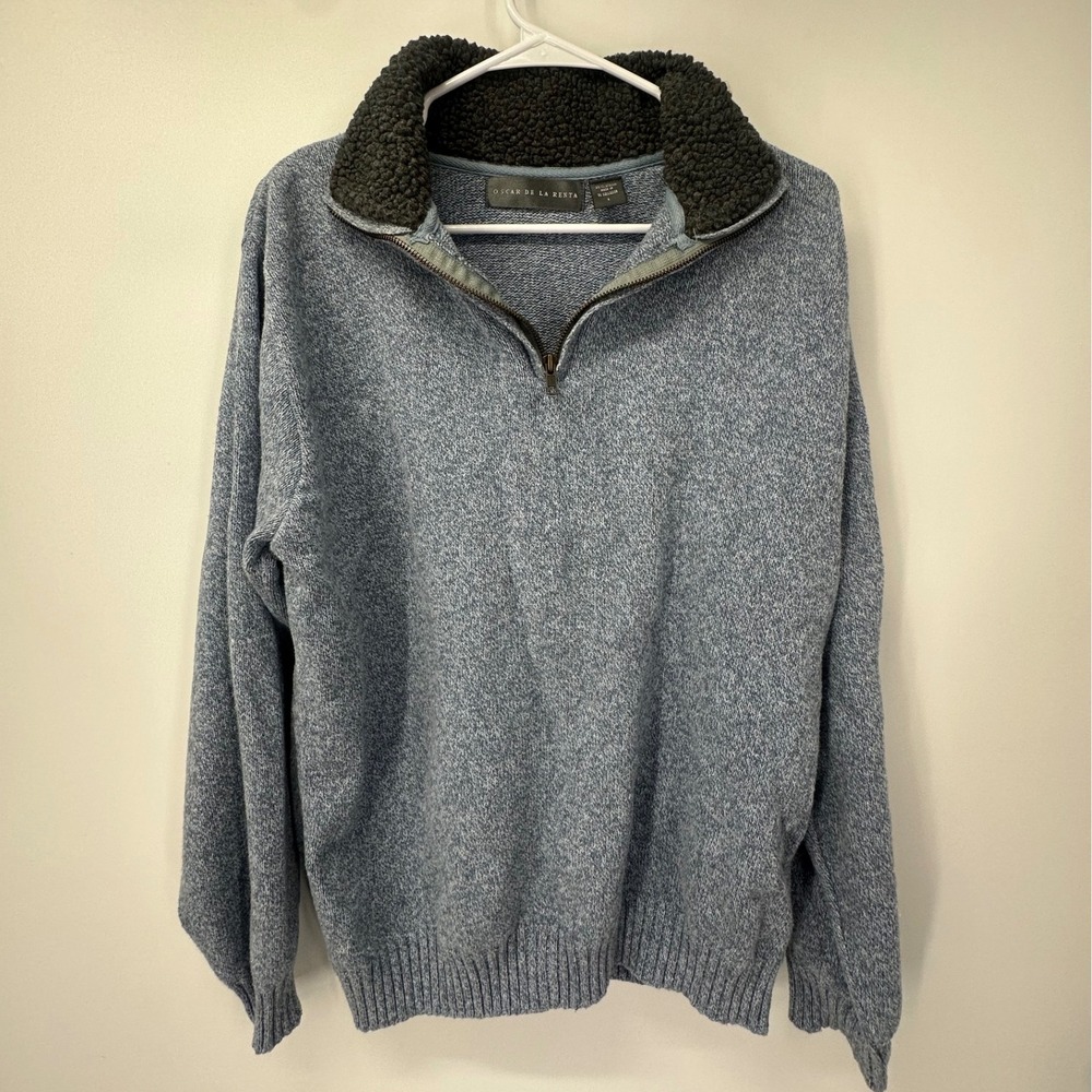 Oscar de la Renta Men's Quarter Zip Cotton Sweater Fleece Collar Pullover Blue L